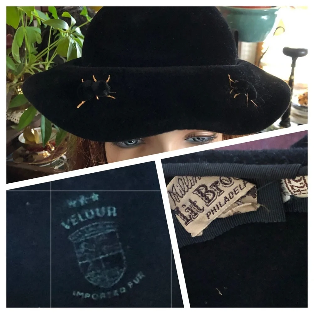 Vintage Black Velour Hat with Bumblebees - Picture 8 of 9